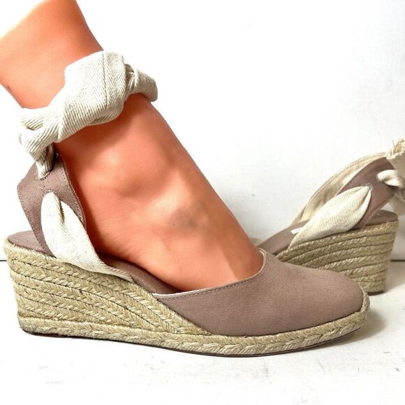 Zara Trafaluc Tan Dusty Rose Espadrille Tie Up Wedges Womens Sz EU 41 US 10-10.5 - Picture 1 of 11